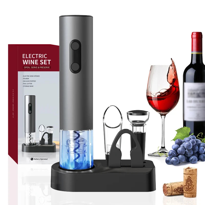 Electric Wine Opener Gift Set Automatic Corkscrew with Foil Cutter One-Click Button Battery Bottle Opener for Kitchen Bar Party